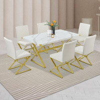 Everly Quinn Modern luxury style dining table and chairs set of 7 with faux marble top and metal legs