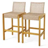 Winston Porter Winston Porter Set Of 2 Patio Wood Barstools Rattan Bar Height Chairs With Backrest Porch Balcony