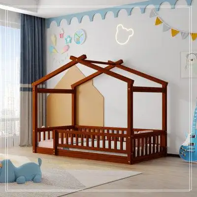 Isabelle & Max™ Wood Bed House Bed Frame With Fence