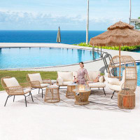 Bay Isle Home™ Jesterville 9 Piece Patio Conversation Set with Firepit Tables and Cushions
