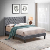 House of Hampton Velvet Button Tufted-Upholstered Bed With Wings Design - Strong Wood Slat Support - Easy Assembly