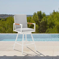 George Oliver Koslya Outdoor Patio Swivel Bar Or Counter Stool In Aluminum With Rope And Cushions