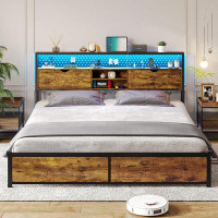 ADORNEVE Queen Bed Frame With Type-c & Usb Charging Station, Led Bed Frame Queen Size With Storage Headboard, Metal Plat