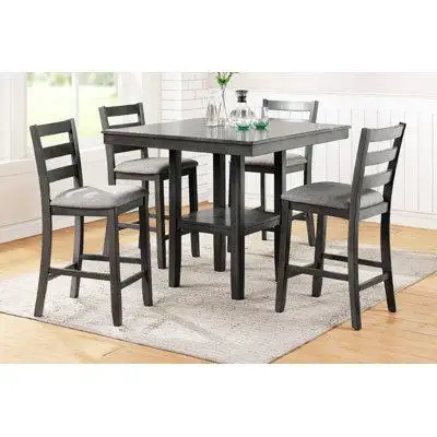 BOMO Classic Dining Room Furniture Counter Height 5Pc Set Square Dining Table W Shelves Cushion Seat Ladder Back High Ch