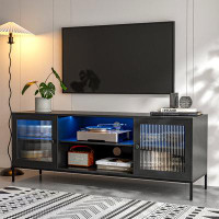 Hokku Designs Hokku Designs Modern Led Tv Stand For 65 Inch Tv, Black Entertainment Centre With 2 Glass Doors And Led Li