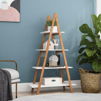 Rebrilliant Solid Bamboo Wood Storage Bookcase With 4-Tiers Ladder Shelf