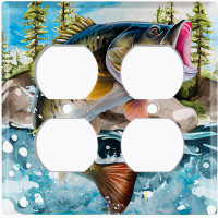 WorldAcc Metal Light Switch Plate Outlet Cover (Fishing Sea Bass River Man Cave - Double Duplex)