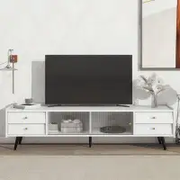 Ebern Designs Contemporary TV Stand With Sliding Fluted Glass Doors, Slanted Drawers Media Console For Tvs Up To 70", Ch