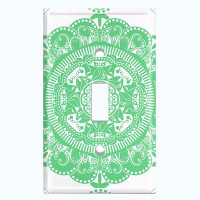 WorldAcc Metal Light Switch Plate Outlet Cover (White Green Elegant Circular Mandala Flowers Tile   - Single Toggle)