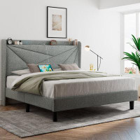 Latitude Run® Latitude Run® King Bed Frame, Upholstered Platform Bed Frame With Type-C & USB Ports, Wingback Shelf, Soli