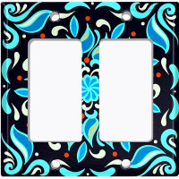 WorldAcc Metal Light Switch Plate Outlet Cover (Colourful Teal Tile Black  - Double Rocker)