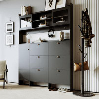 Latitude Run® Multifunctional Shoe Cabinet With Storage Shelf & 6 Flip Drawers, Modern Large Hall Tree With Tempered Gla