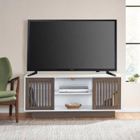 Latitude Run® 56" Mid Century Modern Vertical Slat 2 Door TV Stand Storage Console, White+ Mixed Dark Brown