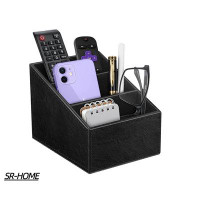 SR-HOME Leather TV Remote Caddy Desktop Organizer Fits TV Remotes, Media Player, Office Supplies, Makeup Brush, Black