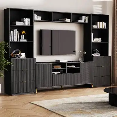 Hokku Designs 4-Piece Entertainment Wall Unit with 13 shelves,8 Drawers and 2 Cabinets