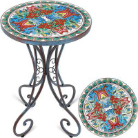 Alcott Hill Patio Table and Plant Stand, Outdoor Side Table for Patio with 14" Ceramic Tile Top