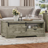 Gracie Oaks Modern Wood Small Living Room Tables End Side Storage Coffee Table With Storage Barn Door