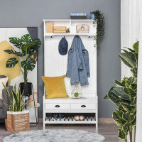 Wildon Home® 3-in-1 Hall Tree,  2 Storage Drawers, 4 Hooks and Padded Seat Cushions for Hallway, White_67.75" H x 34.25"