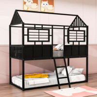 Harper Orchard Twin Over Twin Size Metal Bunk Beds With Roof,Guardrail And Ladder