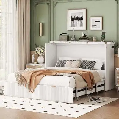 Hokku Designs Queen Size Murphy Bed with drawer and a set of Sockets & USB Ports