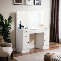 Latitude Run® Antique White Vanity Table With Lighted Mirror - 12 LED Lights, 3 Lighting Modes - Large Storage, 3 Drawer