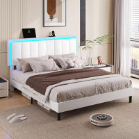 Wrought Studio Full Size Bed Frame With Led Lights And Usb Ports Modern Upholstered Low Profile Platform Led Bed Frame W