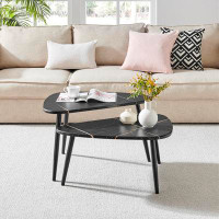 Wrought Studio Aurora Asymmetrical Oval Teardrop 2 Piece Semi-Nested Modular Coffee Table Set - Black Marble/Black