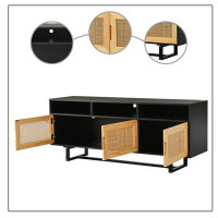 Bay Isle Home™ Vintage style TV stand with three open storage compartments and two cabinets