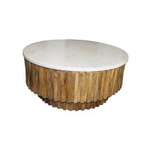 HomeRoots Round Marble Top And Wooden Strips Coffee Table