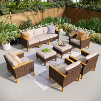 Lark Manor 9-Piece Wicker Outdoor Patio Furniture Set, Sectional Patio Set with Beige Cushions, Fire pit table