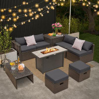 Latitude Run® 9 Pieces Outdoor Patio Furniture Set w/ 42" Propane Fire Pit Table PE Wicker Sectional Sofa Set