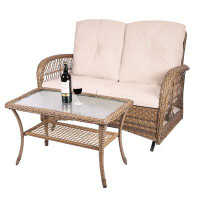 Red Barrel Studio Red Barrel Studio® Outdoor Wicker Patio Glider Set With Glass-Top Coffee Table, Loveseat For 2 Person