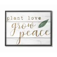 Gracie Oaks 'Plant Love Grow Peace Green Leaf Planked Look' Graphic Art Print
