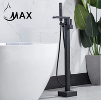 Waterfall Tub Filler Faucet Single Handle Floor Mount With Rough-In And Handheld Matte Black Finish