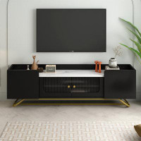 Mercer41 Sleek Design TV Stand With Fluted Glass, Contemporary Entertainment Centre For Tvs Up To 70", Faux Marble Top T