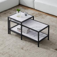 Wrought Studio Modern Nesting Coffee Table Square & Rectangle,Black Metal Frame With Wood Marble Color Top