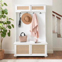 Latitude Run® Casual Style Hall Tree Entryway Bench With Rattan Door Shelves And Shoe Cabinets