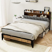 17 Stories Upholstered Bed with Headboard Hidden Cabinet