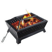 Latitude Run® Rectangle Outdoor Fire Pit,Large Patio Metal Firepits With Spark Screen,Fire Poker And Grill Forbackyark,G
