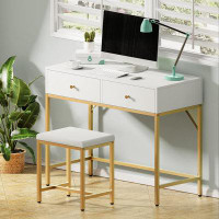 Mercer41 White And Gold Desk With 2 Drawers, Modern Makeup Vanity Desk With Padded Stool, Small Computer Desk Home Offic