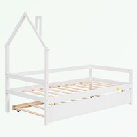 Harper Orchard Twin Size Wooden Daybed with trundle, House-Shaped Headboard bed and Guardrails