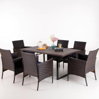 Lark Manor 7 Pcs Outdoor Dining Sets With 6 Pe Rattan Chairs & 1 Rectangular Wood-like Top Table