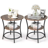 17 Stories Round End Table Set Of 2, Industrial Side Table With 2 Storage Shelves   Sturdy Metal Frame, Versatile Bedsid