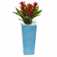 Primrue 26” Triple Bromeliad Artificial Plant In Turquoise Tower Vase