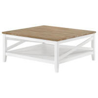 Gracie Oaks Kolva 39 Inch Coffee Table, Rustic Wire Brushed Wood Top, Brown And White
