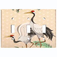 WorldAcc Metal Light Switch Plate Outlet Cover (Two Elegant White Oriental Birds Beige Rolling Hills - Single Toggle)