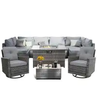 Latitude Run® 10-Piece Grey Wicker Patio Fire Pit Conversation Set with Swivel Chairs, Dark Grey Cushions
