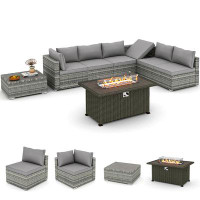 Latitude Run® Wicker 6 - Person Patio Conversation Sets with Cushions Coffee Table and Propane Fire Pit
