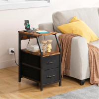 17 Stories Side Table With Charging Station, Narrow End Table With Oblique Angled Storage Shelf, 2 PCS Fabric Drawer,Nig
