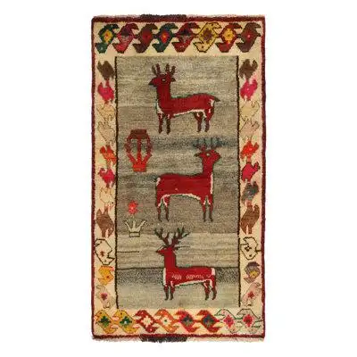 Rug & Kilim Vintage Gabbeh Tribal Rug In Grey With Red Pictorial Deer Patterns